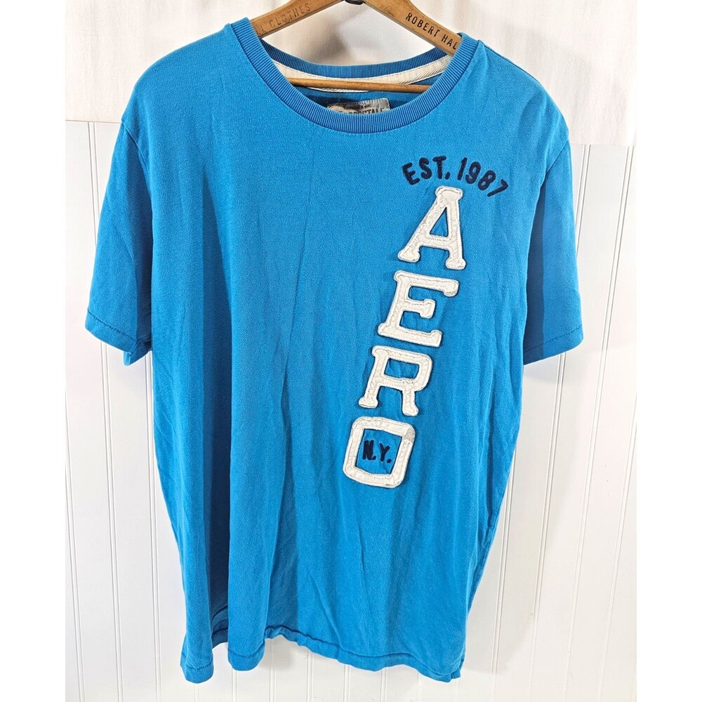 Aéropostale Men Blue Graphic Logo Cotton Crew Neck S. S. Tee XL Single Stitch
